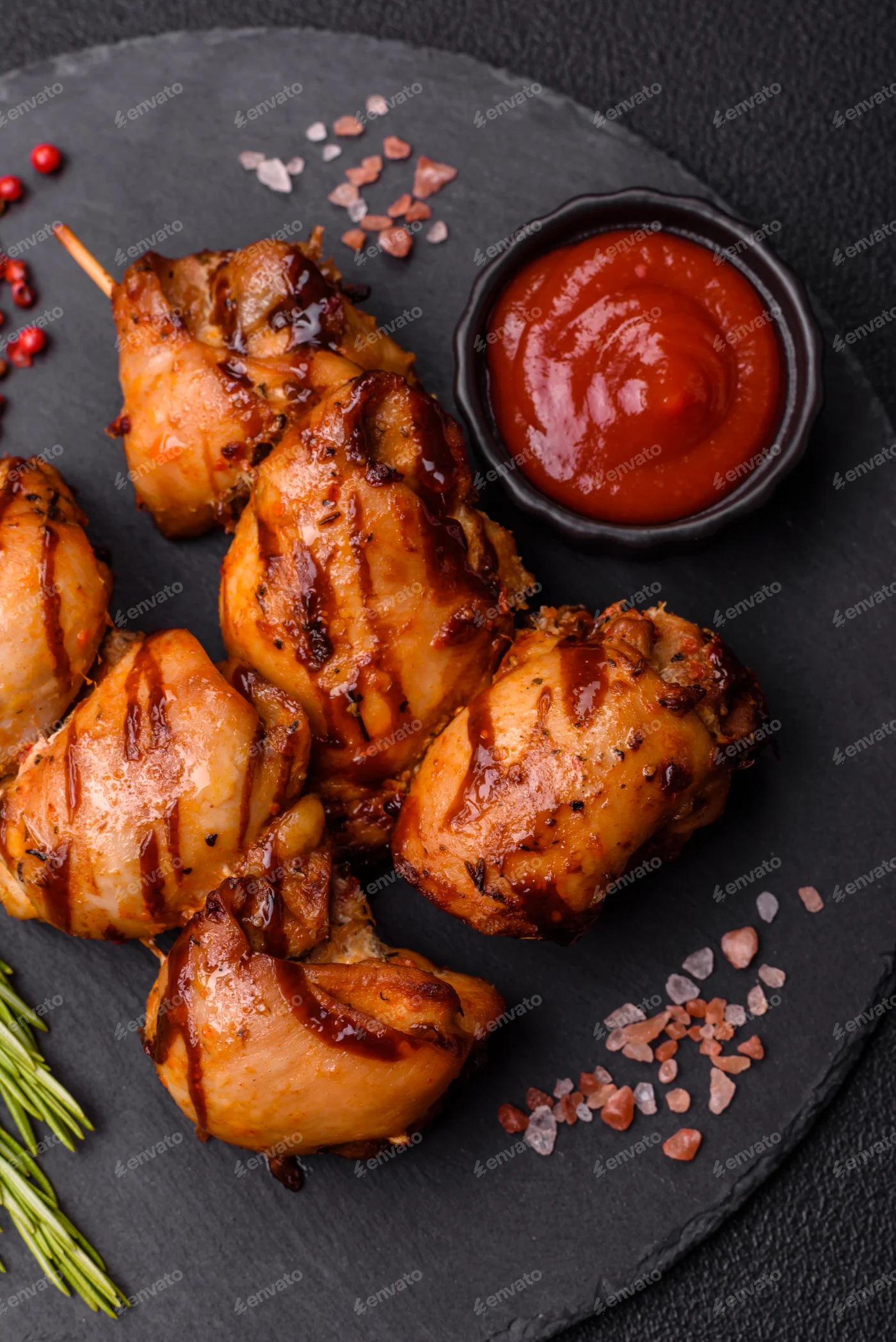 Delicious baked chicken or turkey shish kebab on a skewer