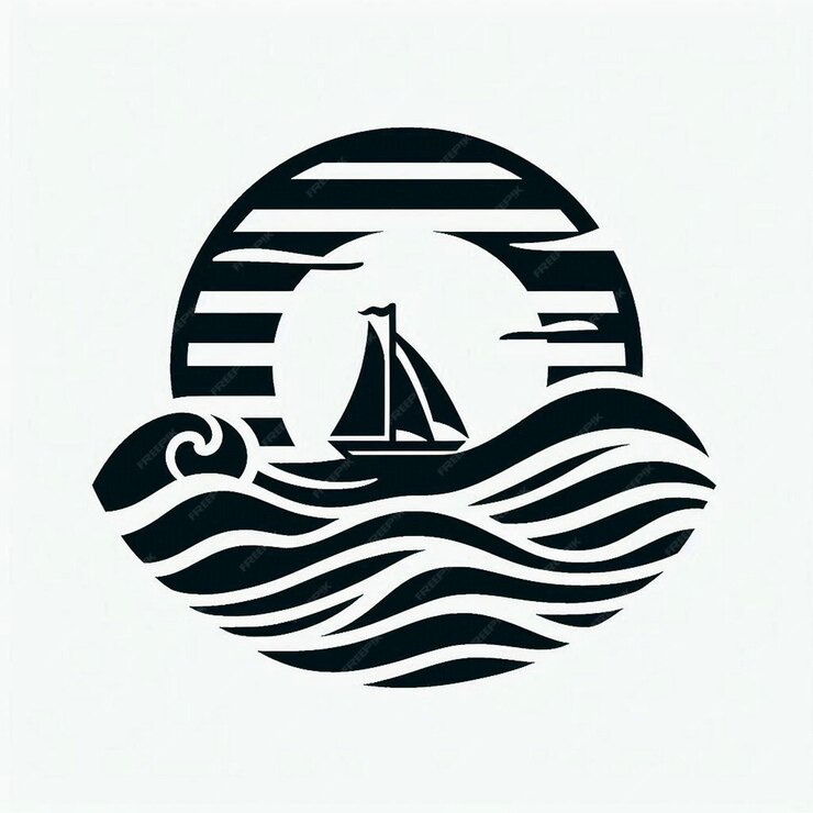 Silhouette art simple Ocean and Sailboat logo